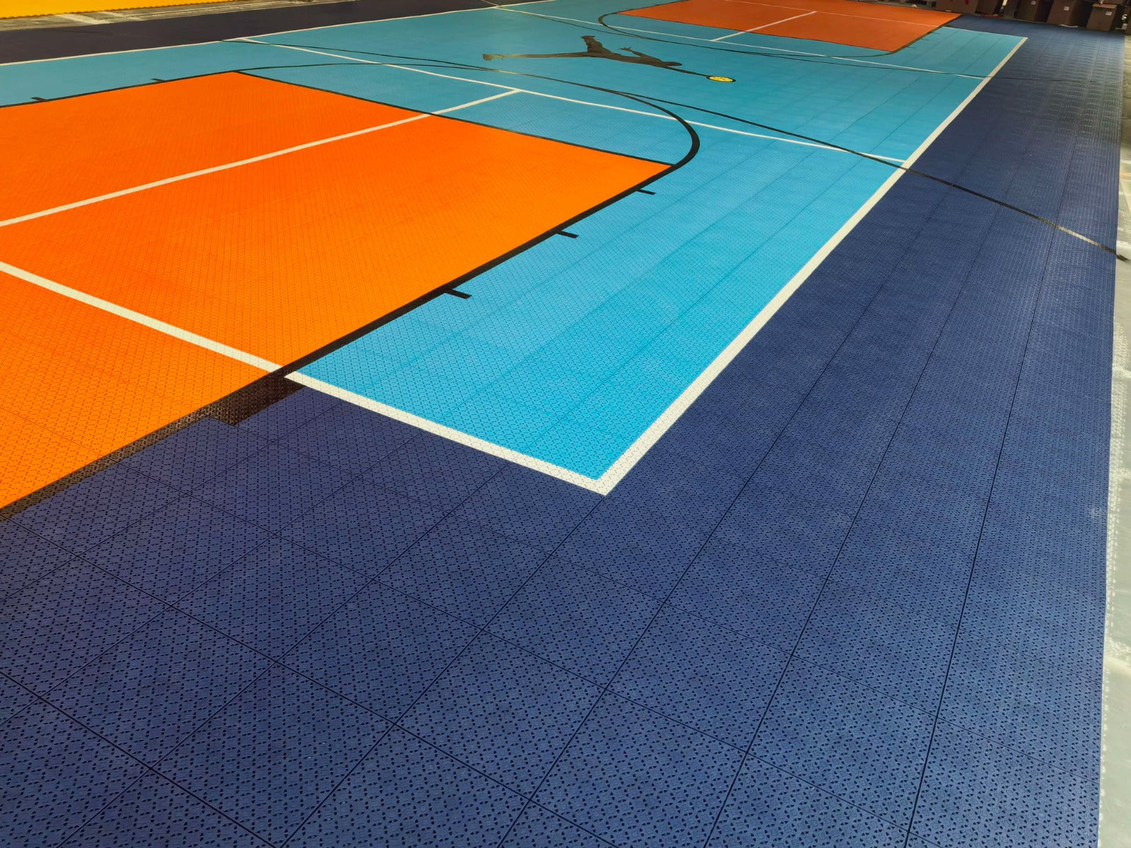 Wide view of the completed Jumpman court assembled with Swish Pickleball Tiles