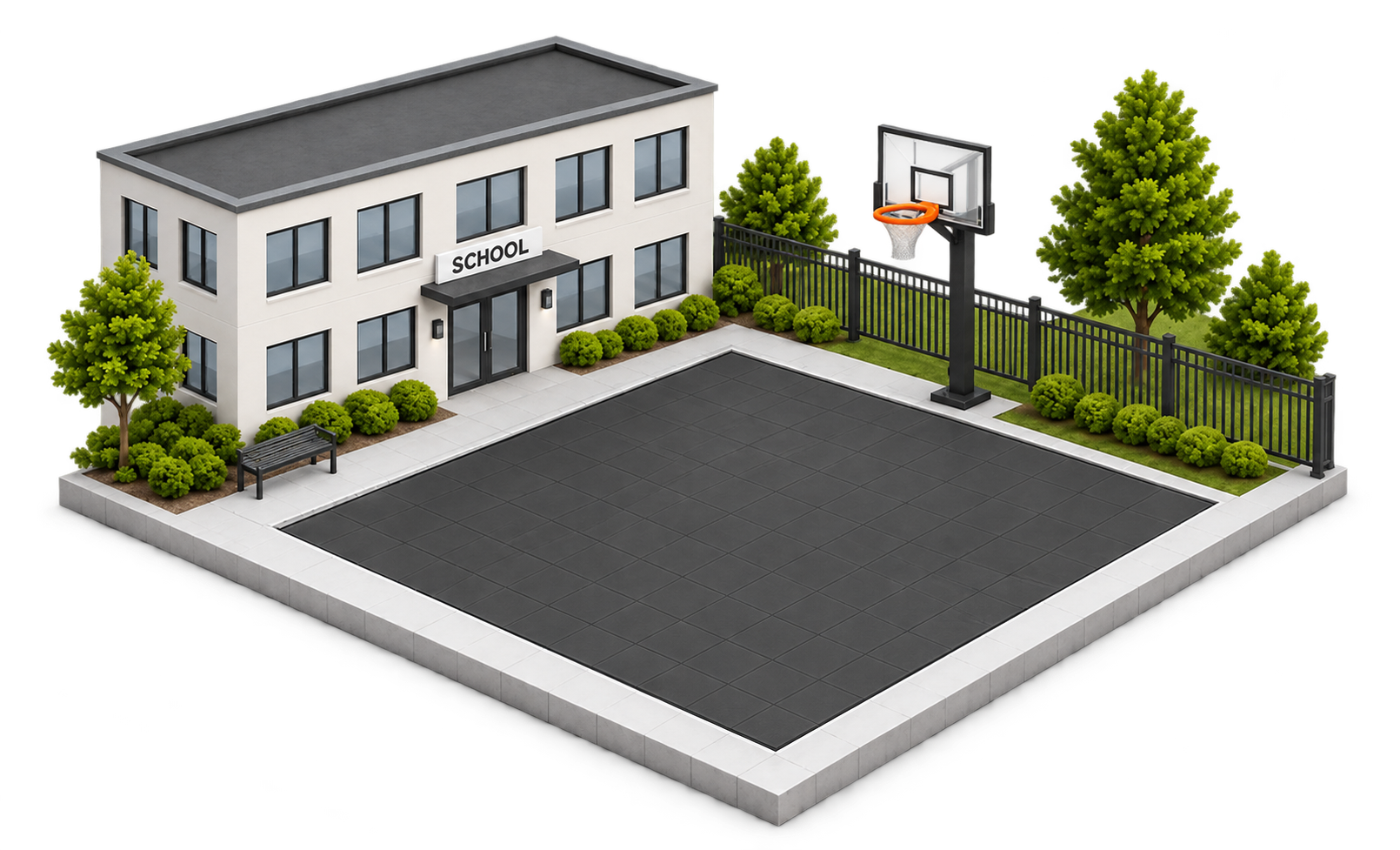 A level sports court beside a white school building, bench, fence, and basketball hoop.