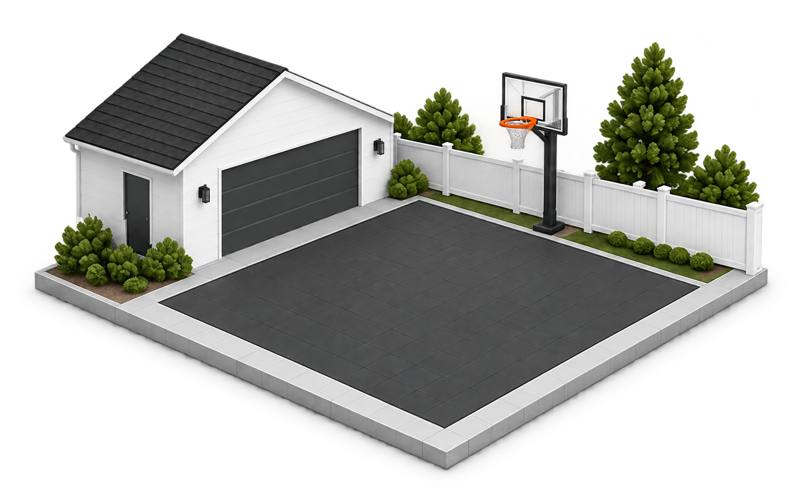 A level backyard court beside a garage, fence, and basketball hoop.