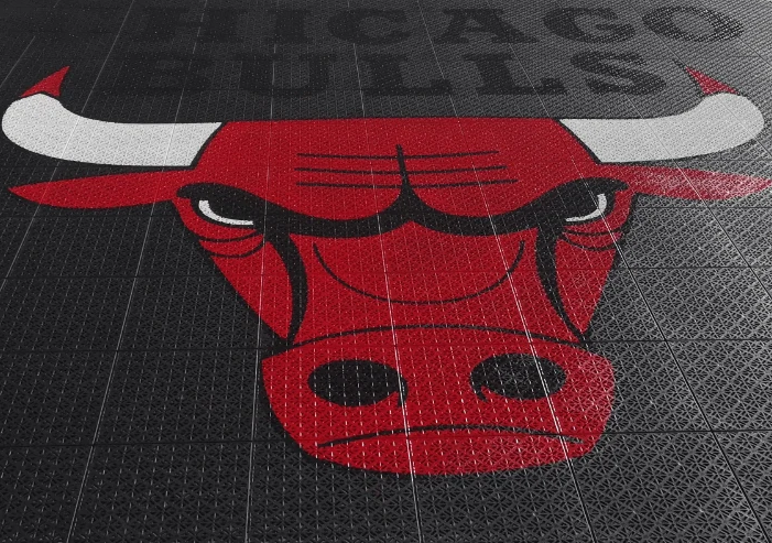 Custom Chicago Bulls logo printed across black Swish court tiles.