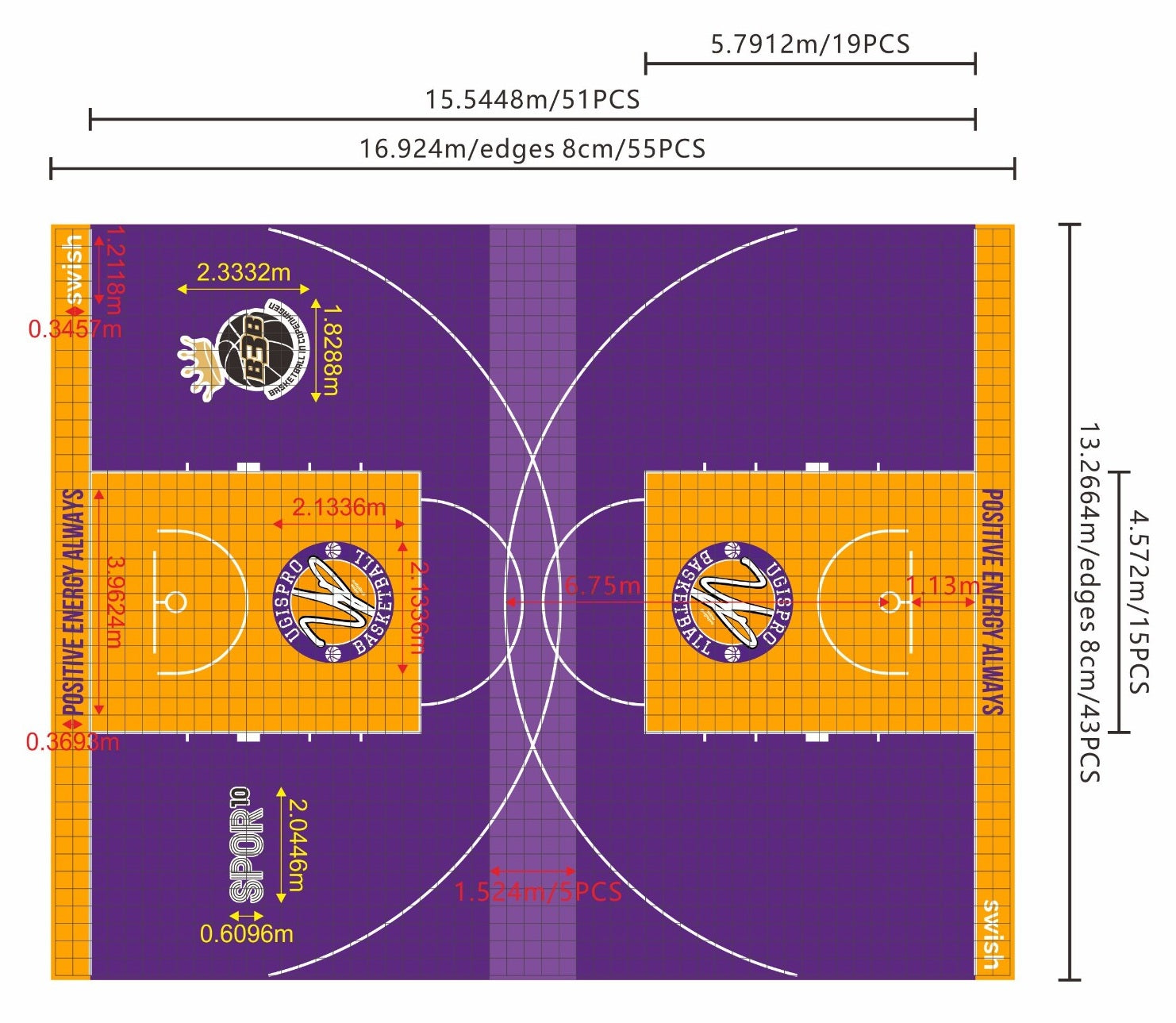 B3B court plan with dimensions, two keys, custom logos, and border artwork