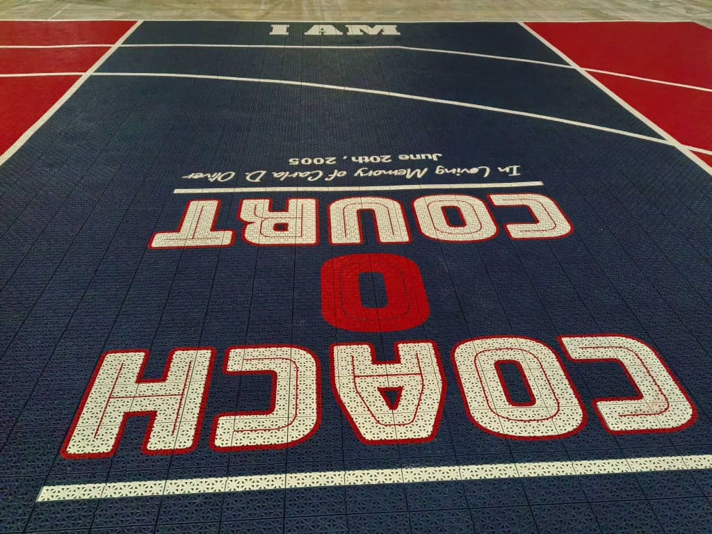 Coach O Court memorial lettering printed on navy Elite tiles