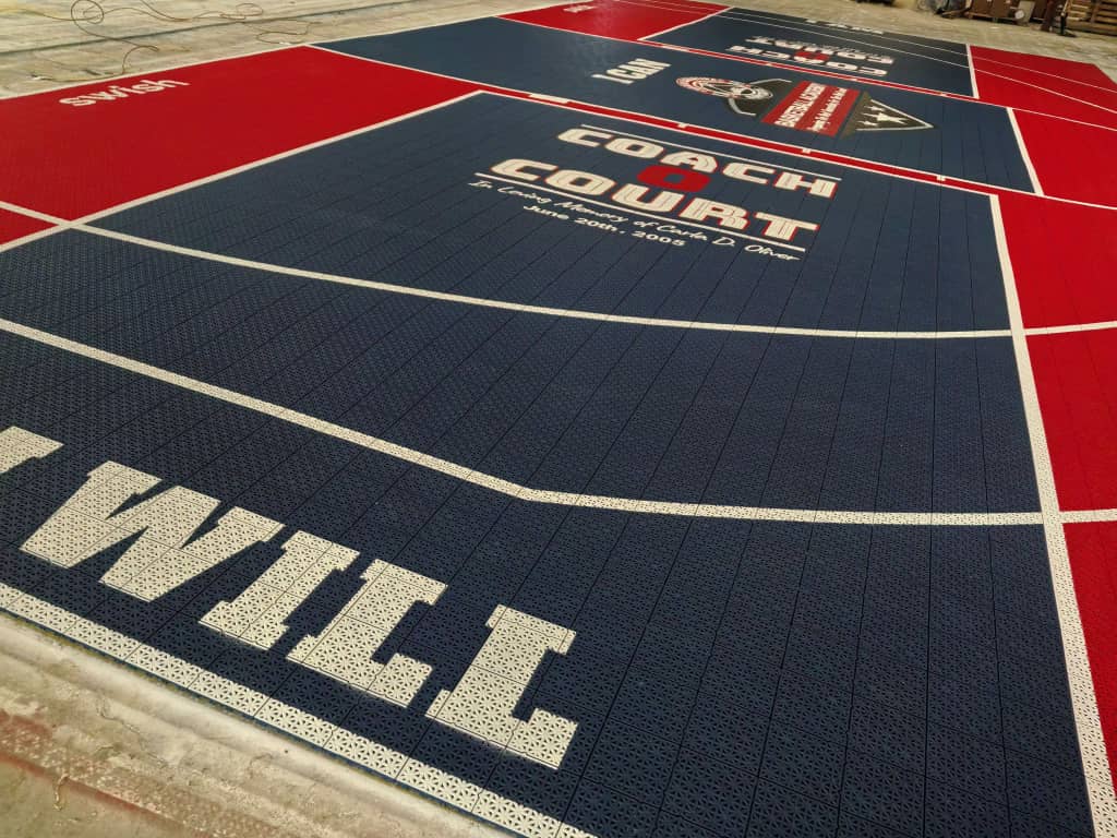Wide view of the three training areas across the custom Capitals court