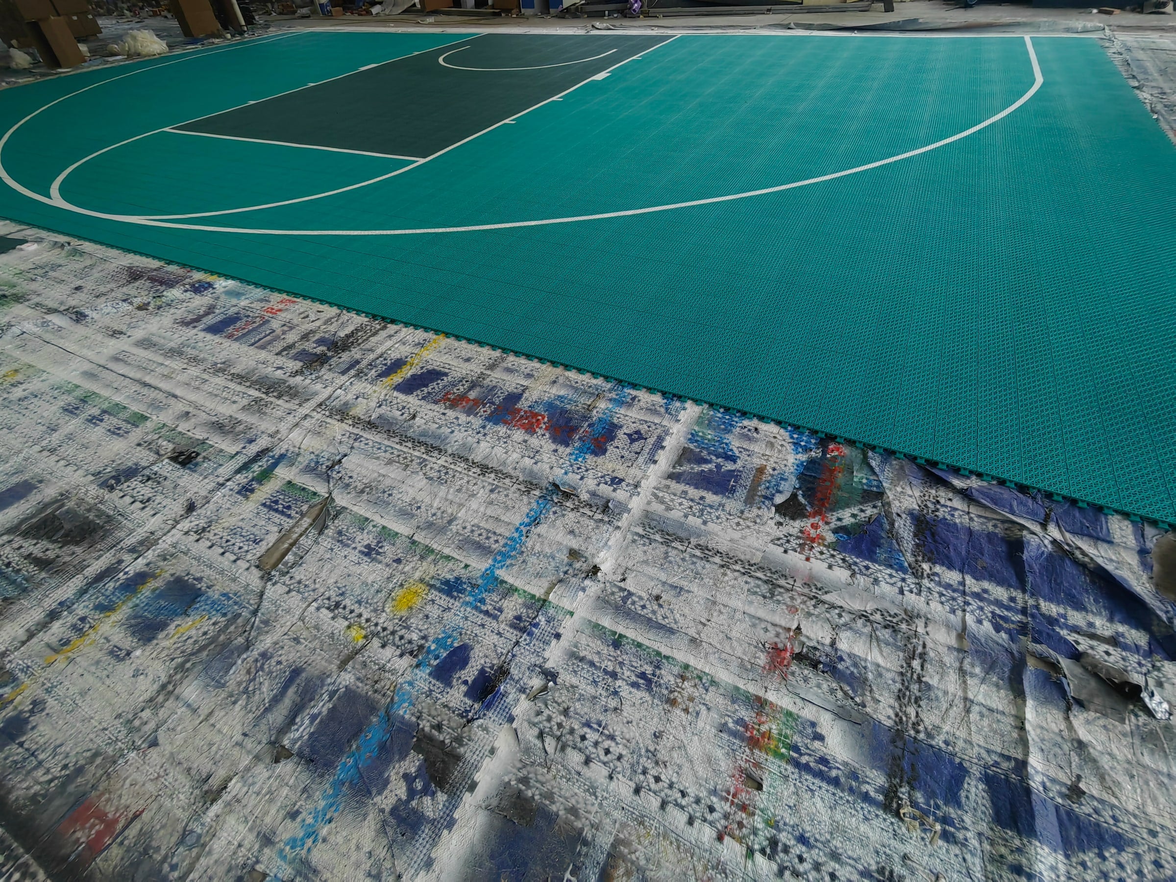 dark green custom-color one-hoop Large Elite tile backyard basketball court, project photo 1