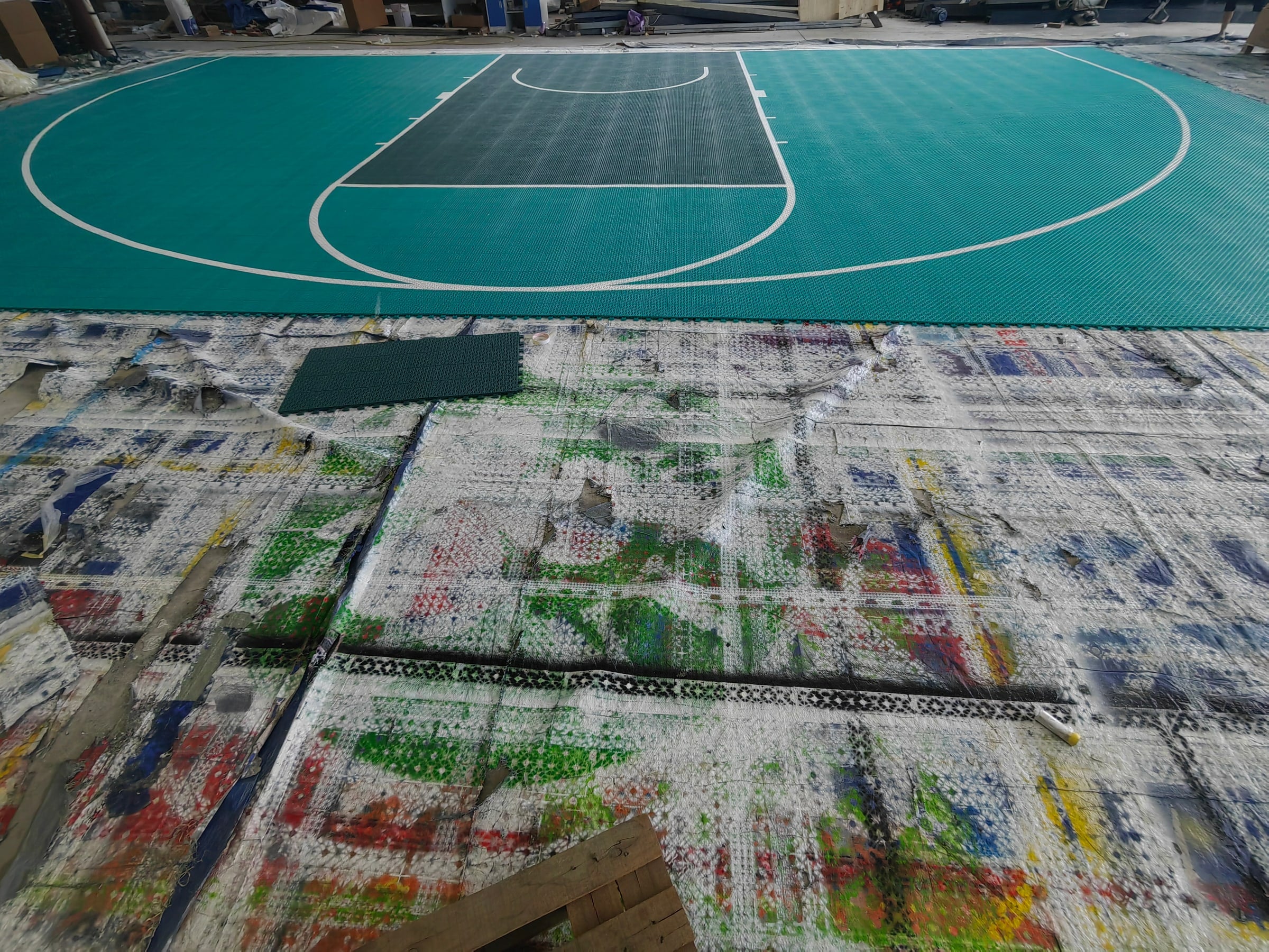 dark green custom-color one-hoop Large Elite tile backyard basketball court, project photo 2