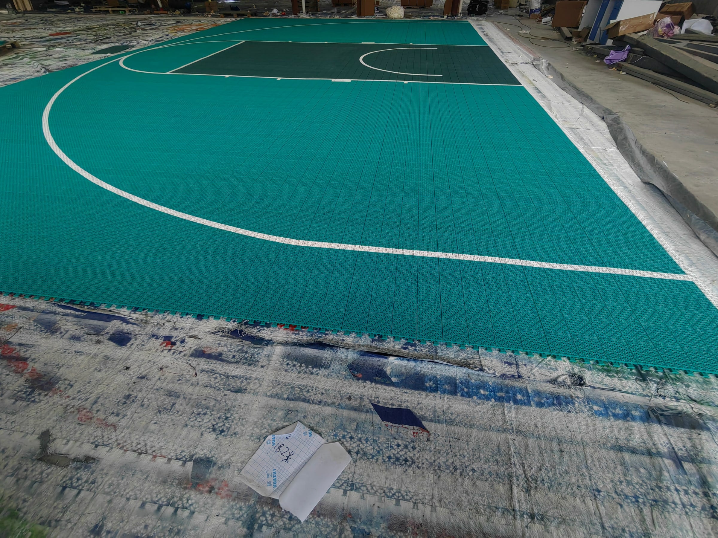 dark green custom-color one-hoop Large Elite tile backyard basketball court, project photo 3