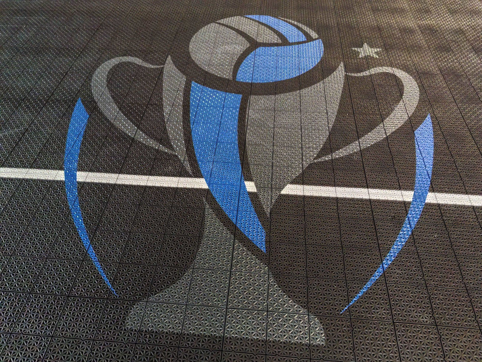 Blue and gray Dodgeball Champions Tour emblem printed on the court tiles