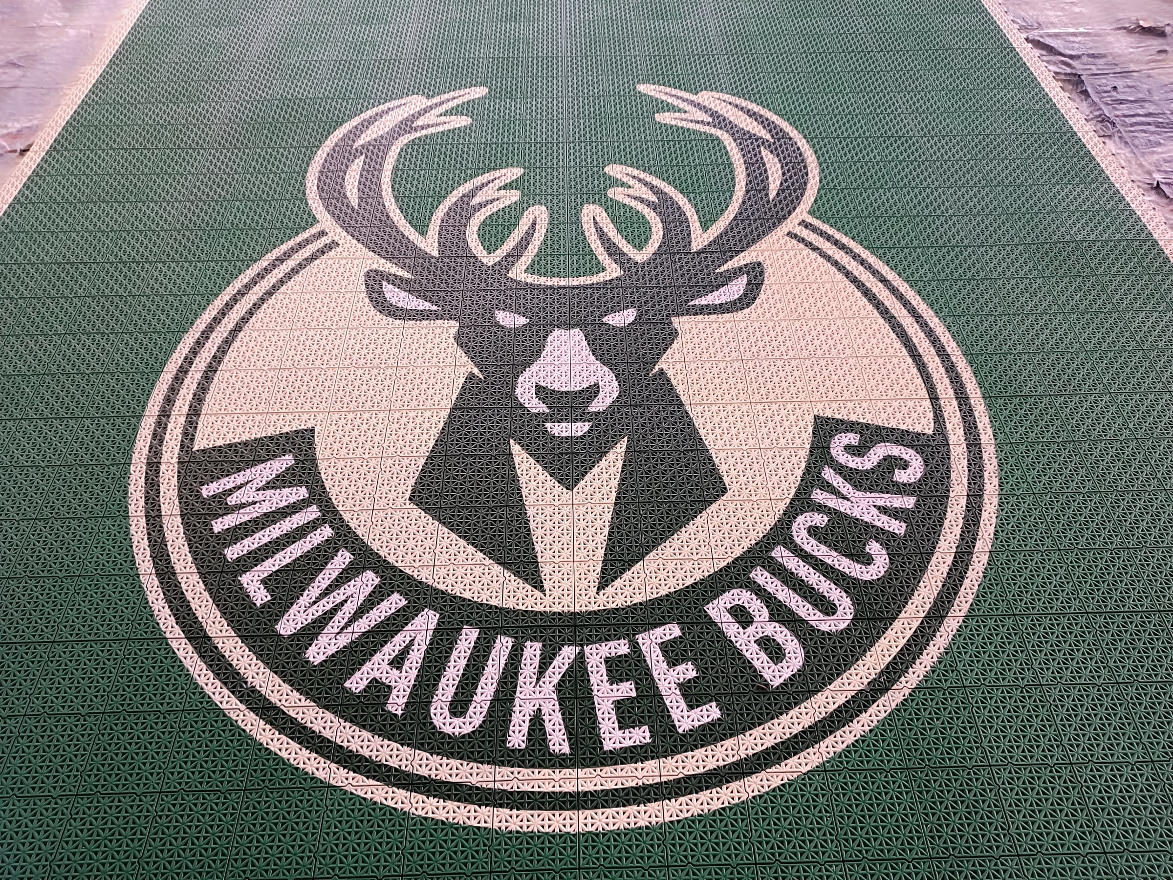 Milwaukee-inspired green and cream one-hoop Large Elite tile backyard basketball court, project photo 2