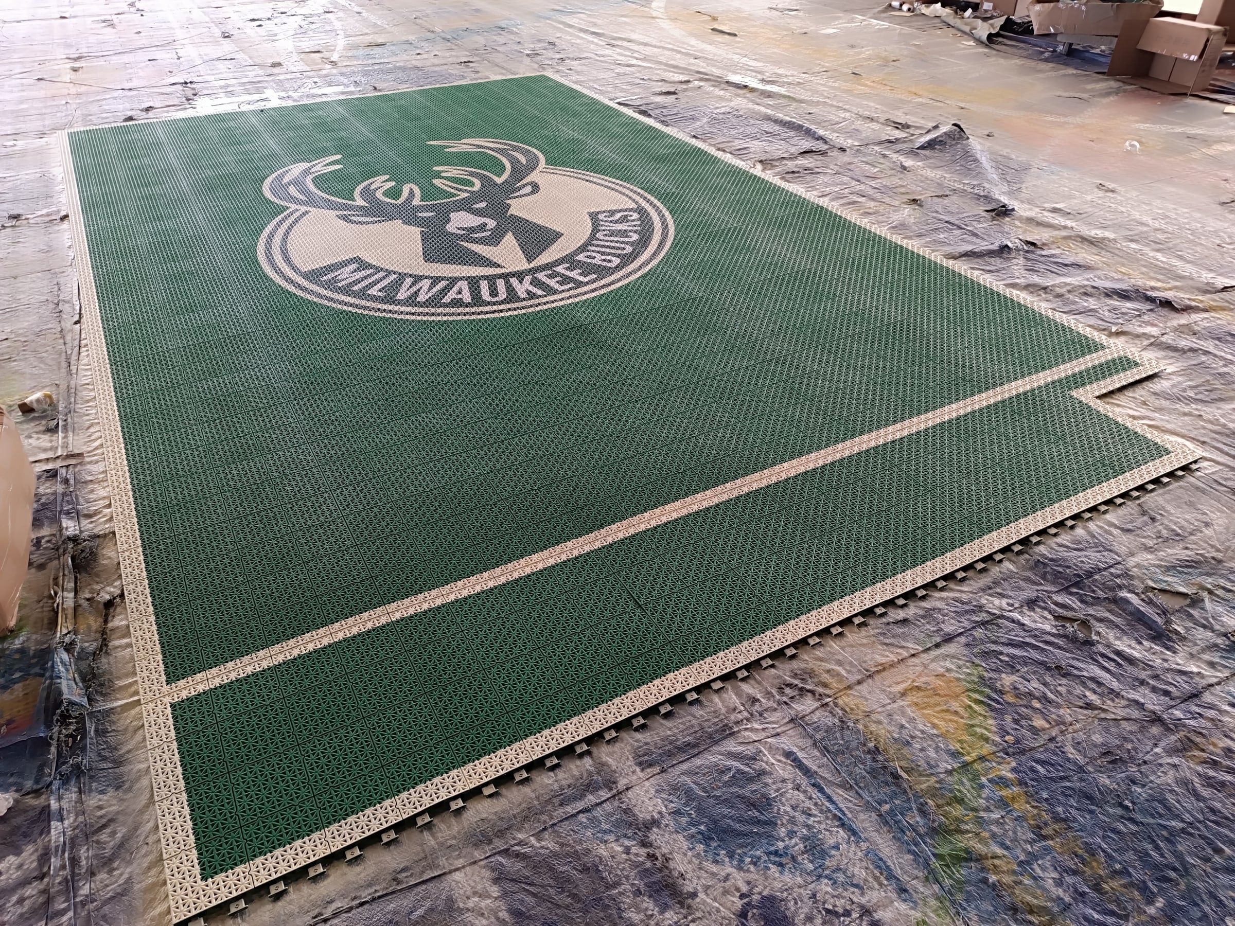Milwaukee-inspired green and cream one-hoop Large Elite tile backyard basketball court, project photo 3