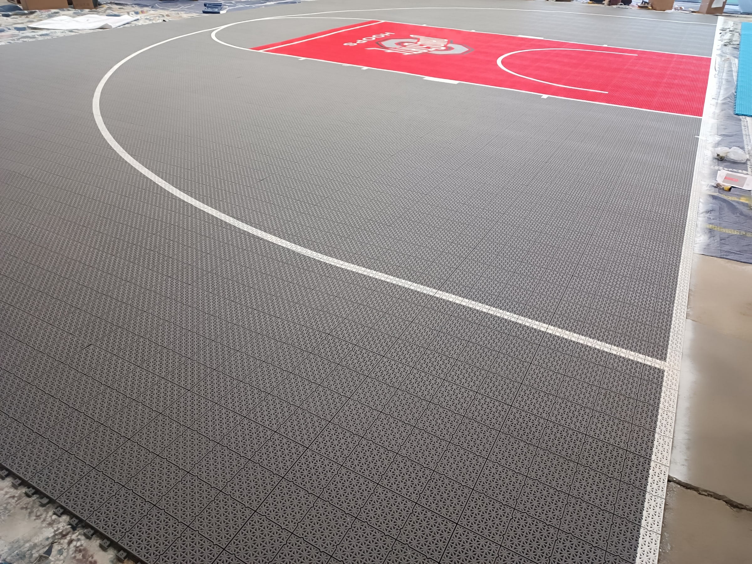 gray and scarlet Ohio State-inspired one-hoop Large Elite tile backyard basketball court, project photo 2