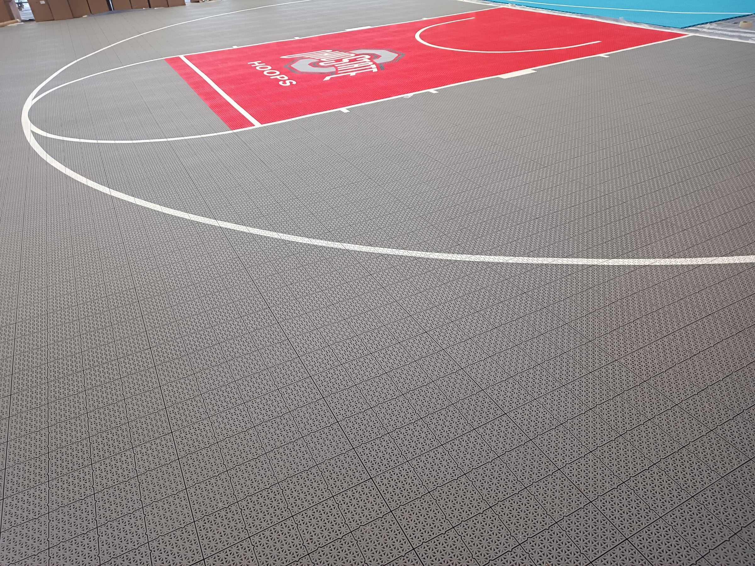 gray and scarlet Ohio State-inspired one-hoop Large Elite tile backyard basketball court, project photo 3