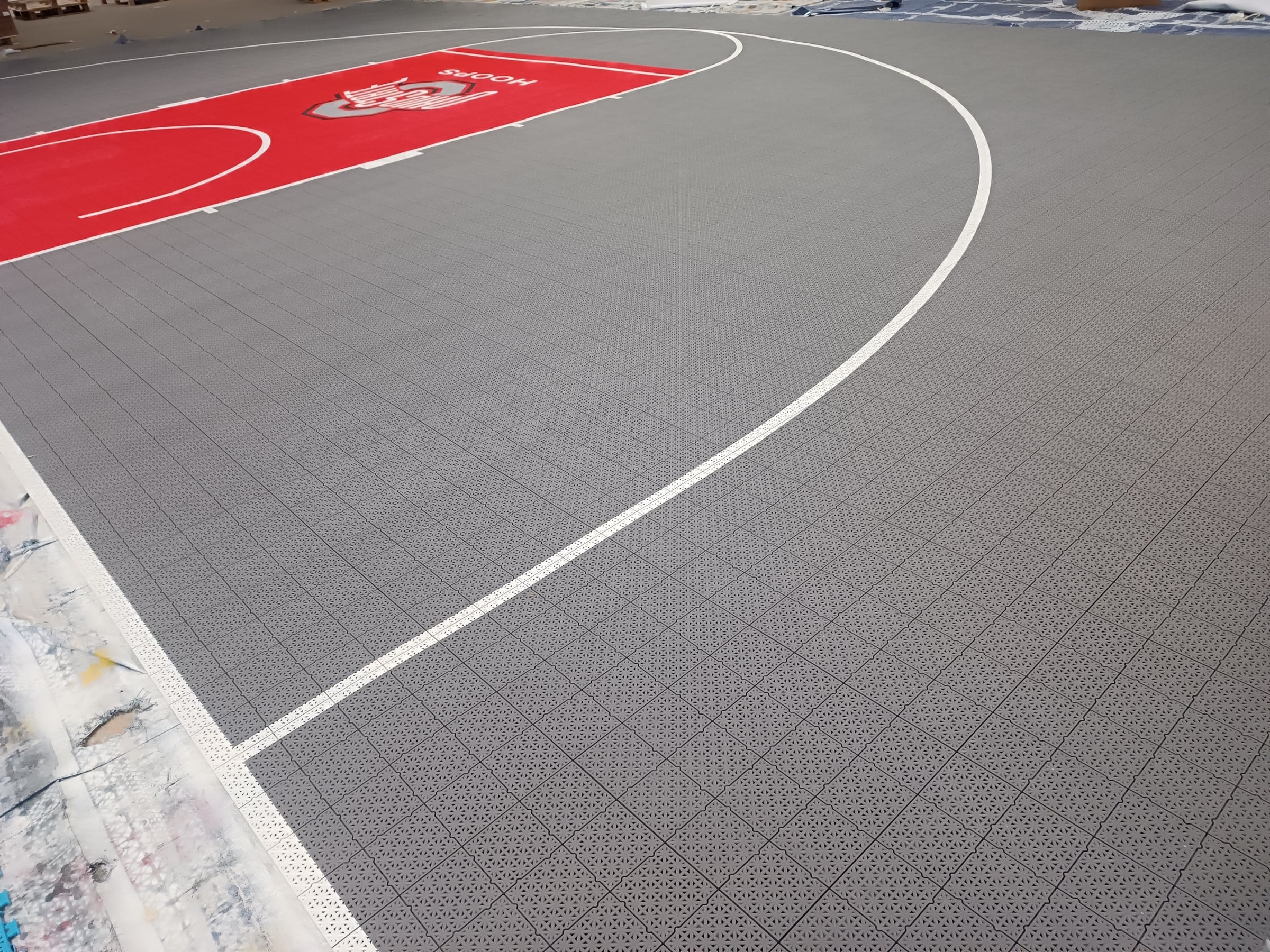 gray and scarlet Ohio State-inspired one-hoop Large Elite tile backyard basketball court, project photo 4