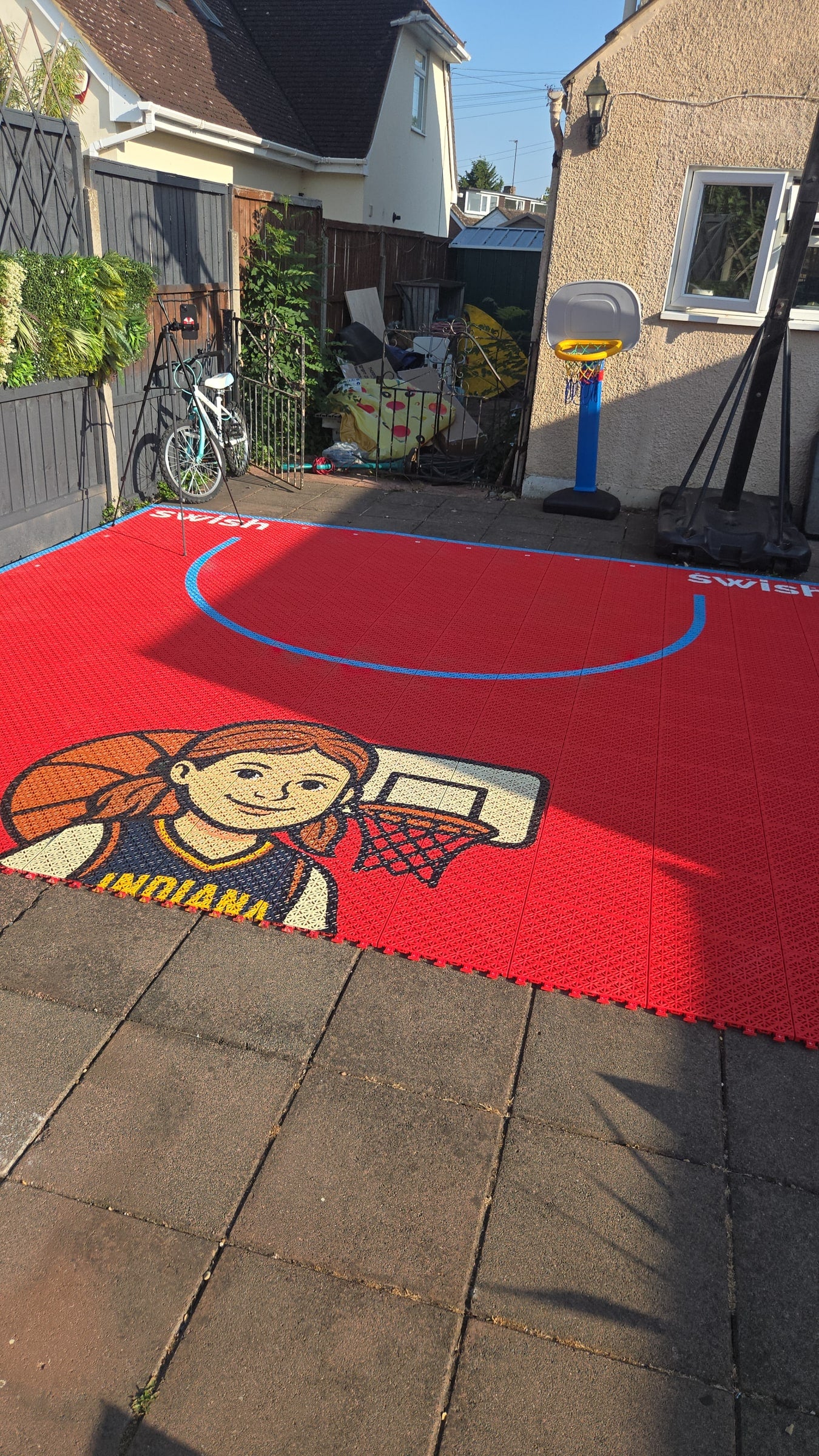 Installed Bedfordshire basketball court viewed from the hoop baseline, project photo 3