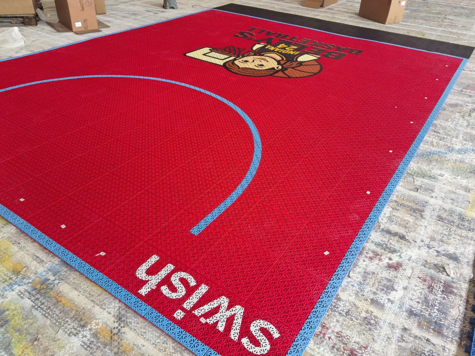 Exact light-blue curved basketball line and red Elastic tile surface, project photo 4