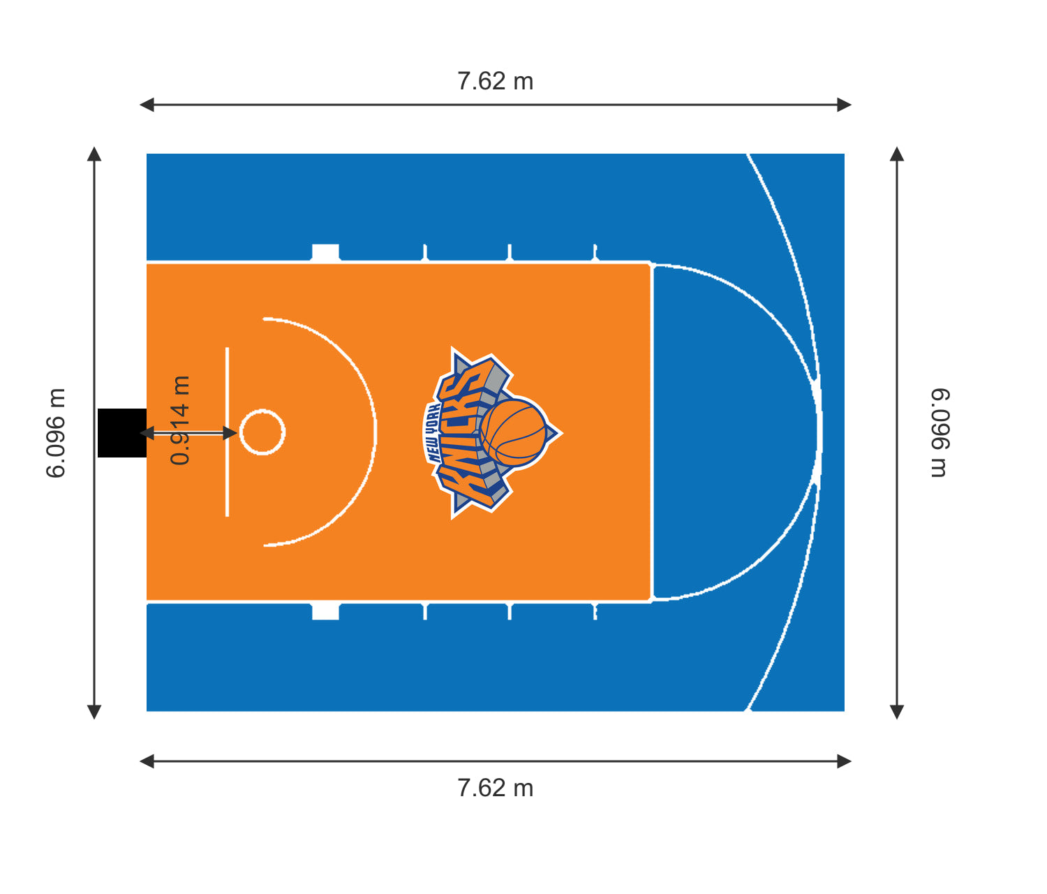Dimensioned layout for the 25 by 20 foot New York Knicks-inspired Elite tile basketball court