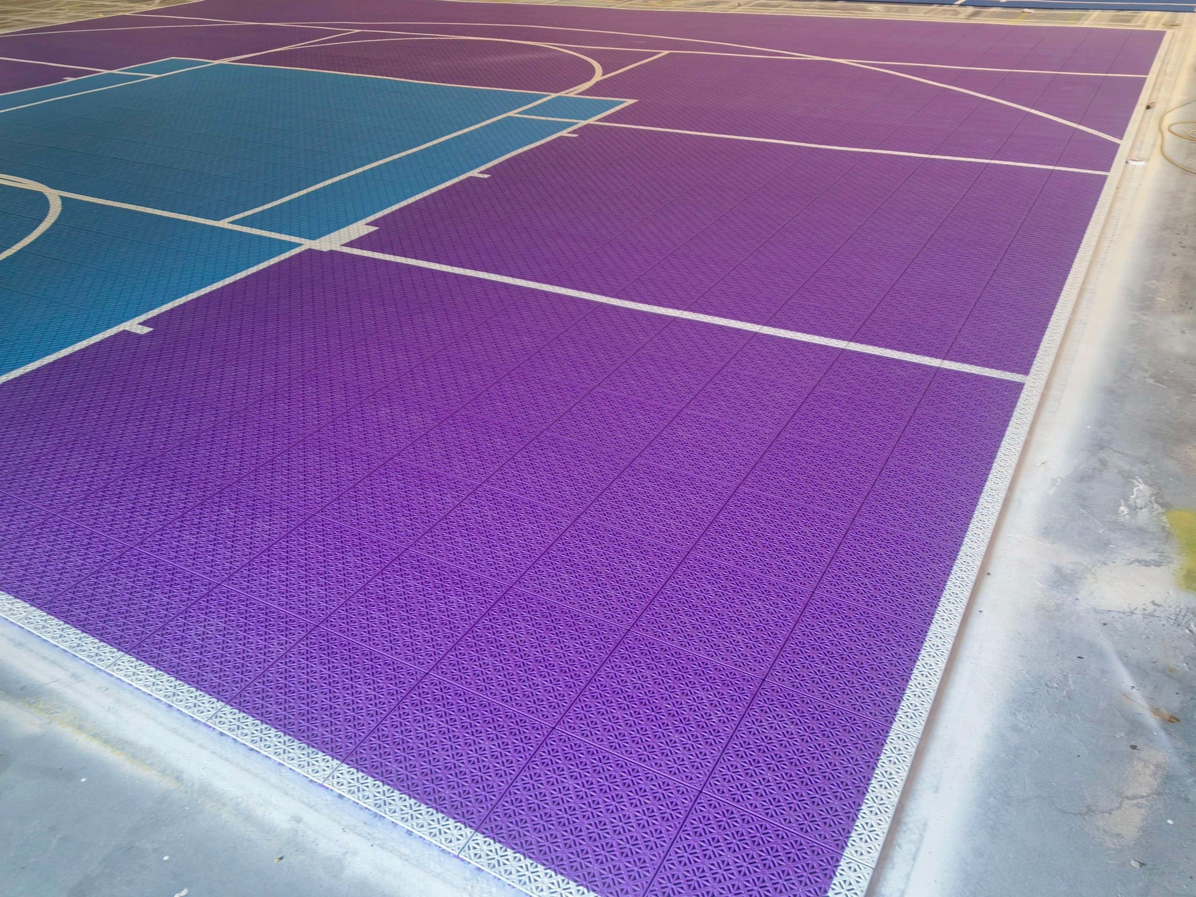 Exact high school, NCAA, and NBA white basketball line geometry on purple Elastic tiles, project photo 3
