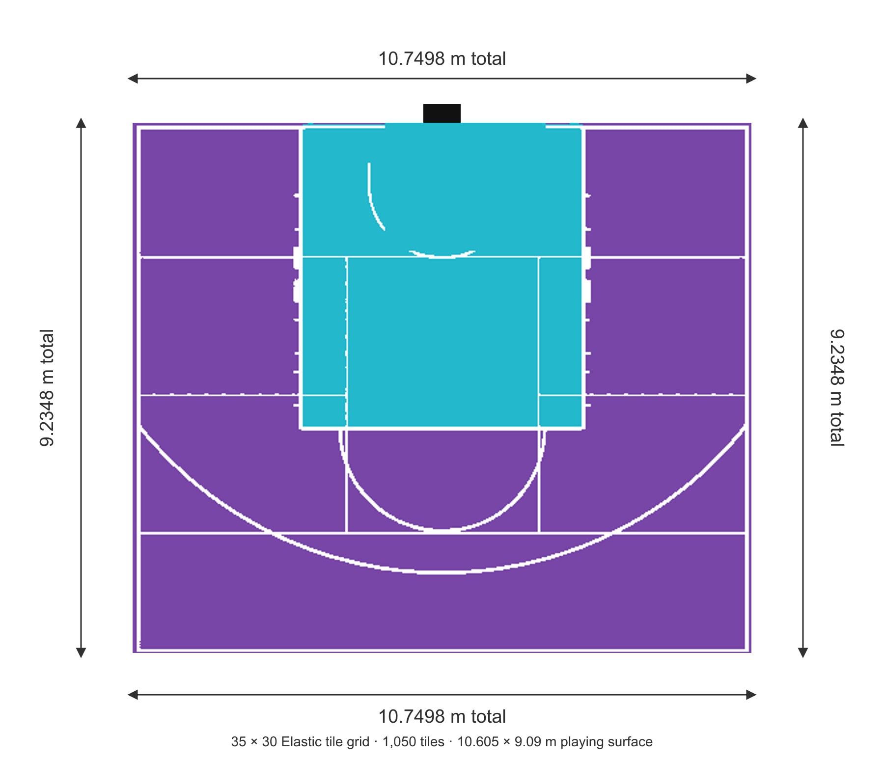 Dimensioned 35 by 30 tile layout for the Québec Elastic basketball court