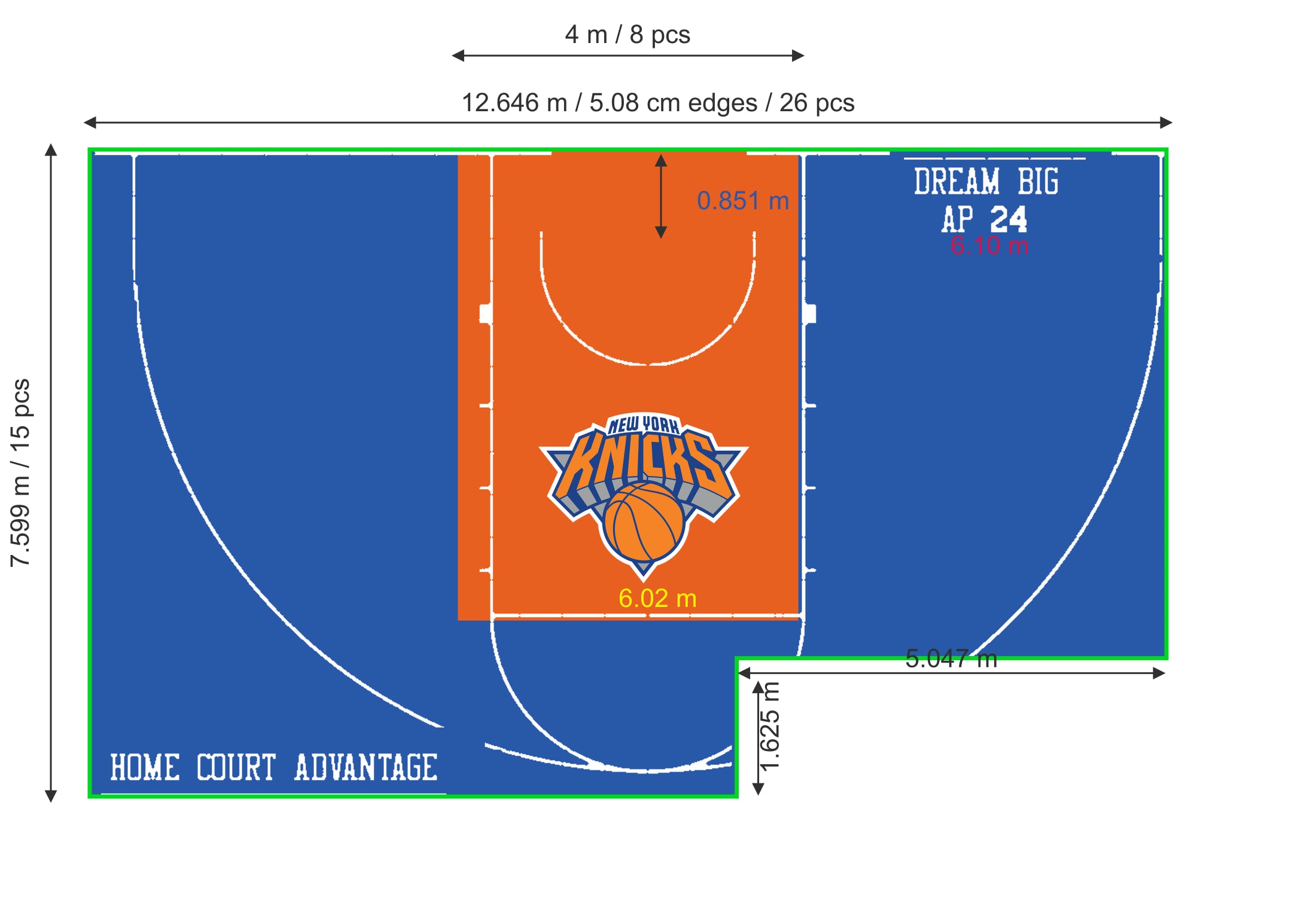 Dimensioned layout for the Texas Elite basketball court with a lower-right cutout