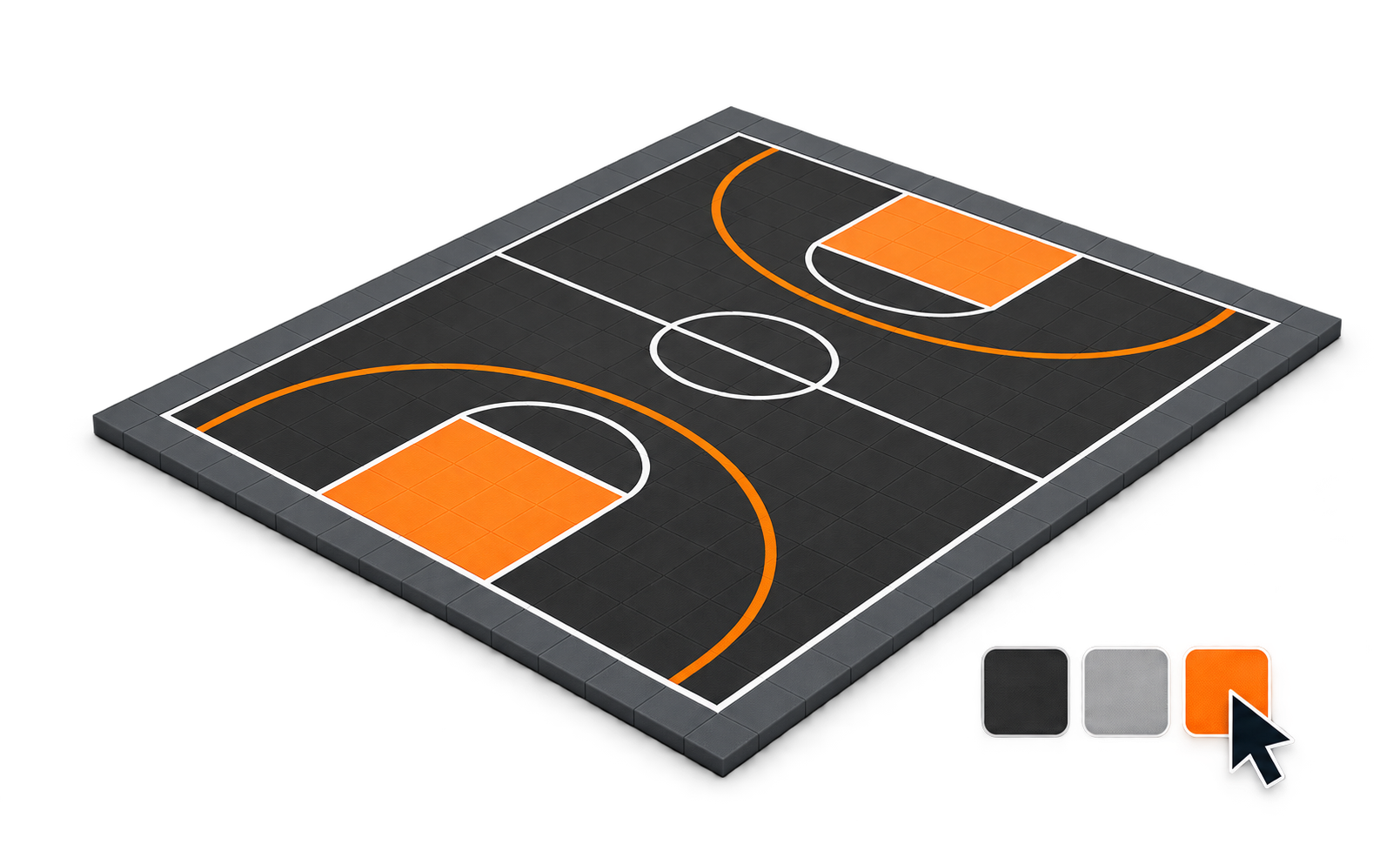 A charcoal and orange basketball court with selectable color swatches.