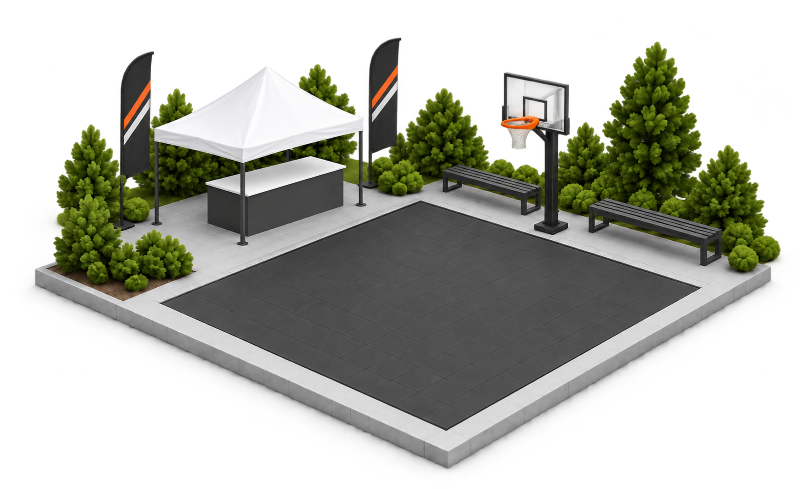 A level sports court beside an event canopy, check-in counter, flags, and basketball hoop.